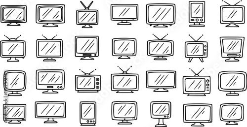 Black  White Line Art Hand-drawn Televisions Icon Set. Doodle Collection of Retro TV, Modern Screen, and Technology Monitors.