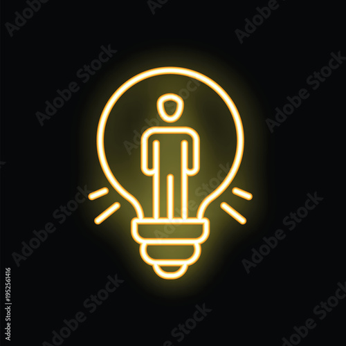 Bright yellow neon light bulb is glowing with a person inside representing the concept of human resources and recruitment