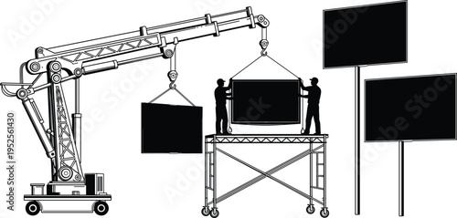 Construction signage installation silhouette illustration set, crane worker teamwork billboard artwork, industrial vector design concept