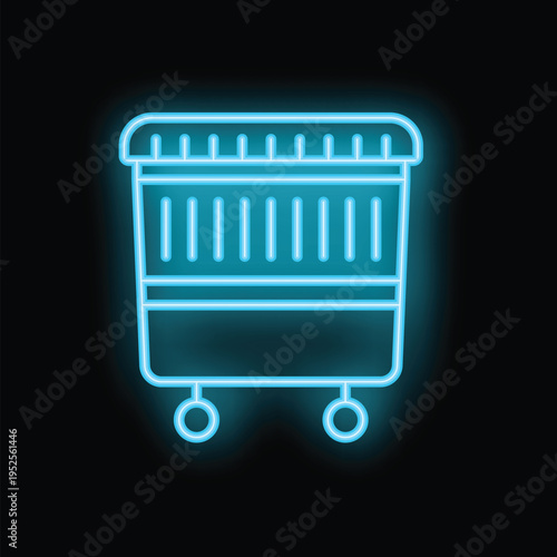 Blue neon icon of a trash bin glowing against a dark background