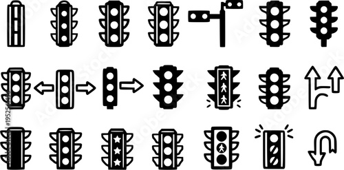 Transportation Traffic Light Glyph Icons Set. Road Signals, Urban Crossroads, and Direction Control Solid Pictograms for Automotive and City Infrastructure.