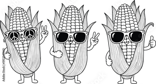 Corn character illustration set, anthropomorphic vegetable cartoon artwork, playful sunglasses expressive vector design concept