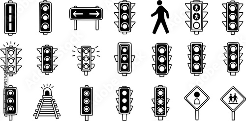 Black and White Line Art Transportation and Road Safety Glyph Icons Set: Traffic Lights, Pedestrian Signals, and Road Signs