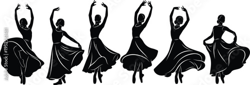 Dancer silhouette illustration set, elegant flowing dress performance artwork, expressive movement vector design concept