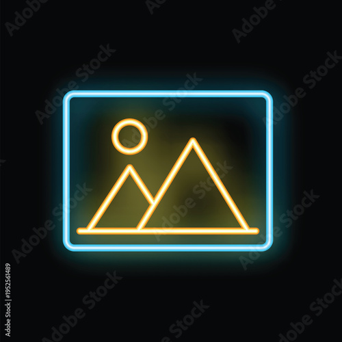 Glowing neon sign representing a photo of a landscape with mountains and a sun