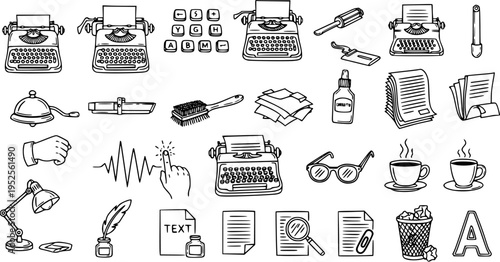 Writing  Office Hand Drawn Line Art Icons: Vintage Typewriters, Journalism Tools, Stationery, and Creative Workflow Elements in Black  White Sketch Style