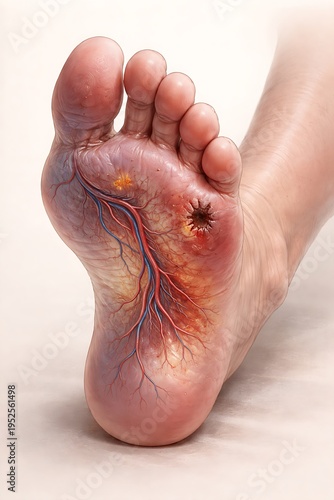 Diabetic foot complication concept showing poor circulation and tissue damage risk in a clean medical educational illustration