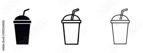 Disposable Drink Cup with Straw Icon Set in Glyph, Outline, and Flat Styles