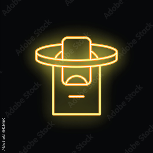 Yellow neon contactless payment icon of a smartphone paying on a pos terminal