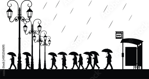 Rainy urban silhouette illustration set, people umbrellas bus stop artwork, city street vector design concept