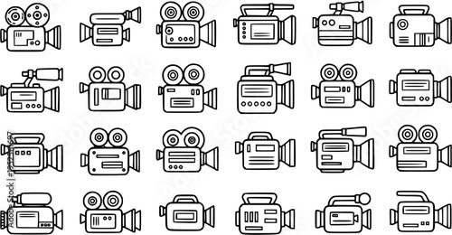 Video Camera Line Art Icons Set. Collection of Outline Camcorder Symbols for Film Production, Broadcasting, and Digital Media Technology