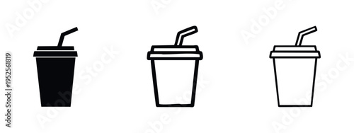 Disposable Drink Cup with Straw Icon Set in Glyph, Outline, and Flat Styles