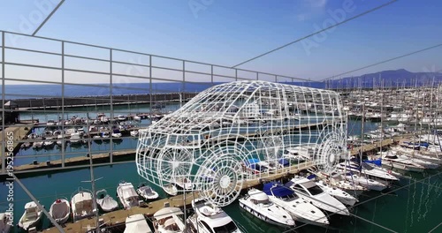 Aerial camera panning over marina, revealing wireframe SUV underbody, hovering over pier for auto