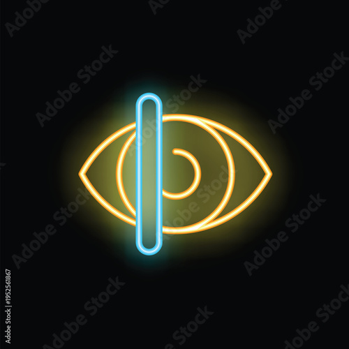 Glowing neon icon of eye scan representing concept of biometrics, access control, data security, privacy protection and identification