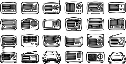 Black and White Line Art Collection of Vintage Radios and a Classic Car