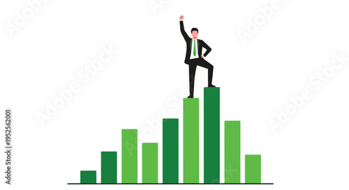 A triumphant businessman stands atop the highest bar of a green bar chart, symbolizing success, achievement, and business growth.