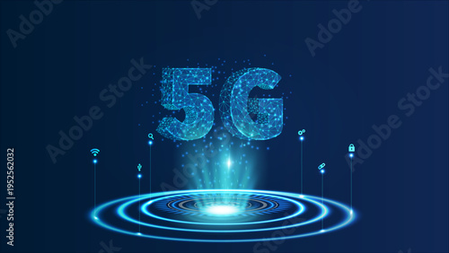 Low polygonal fast 5G internet connection concept. Smartphone with digital screen hologram. Smart technology design. Graphic concept for your design.
