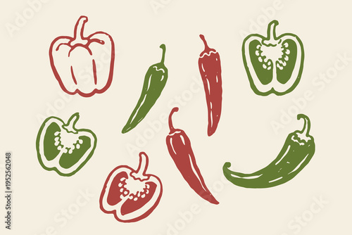 Pepper elements set outline sketch vector illustration