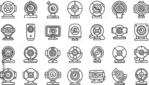 Diverse Webcam Icons Set: Black and White Line Art Technology Collection