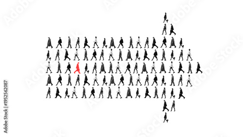 Obraz na plátně Crowd of walking people forming arrow shape with one red person symbolizing direction and leadership