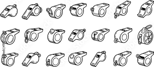 Black and White Line Art Collection of Various Whistles for Sports and Refereeing