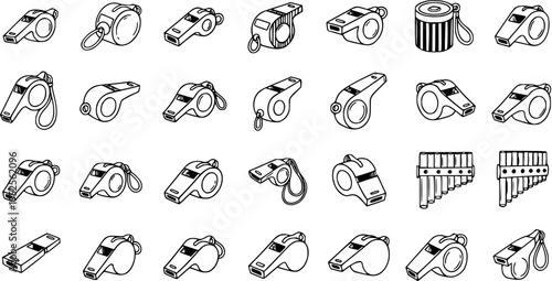 Black and White Line Art Collection of Various Whistles and Pan Flutes