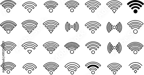 Black and White Line Art WiFi Signal Icons Collection, Technology and Connectivity Symbols