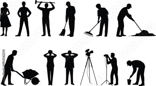 WebPeople silhouettes set with workers cleaning raking digging, businessman and photographer, various professions performing daily activities vector illustration isolated collection