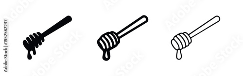 Honey dipper with dripping honey icon set. Sweet honey stick vector illustration in solid, outlined, and line art styles.
