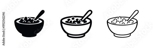 Cereal bowl icon set with spoon. Breakfast cereal vector illustration in solid, outlined, and line art styles.