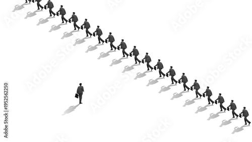 Tableau sur toile Crowd of identical businessmen walking in one direction with one going opposite