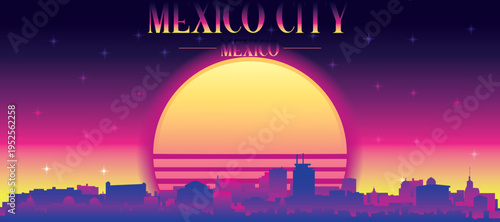 Purple generic retro futuristic synthwave panoramic poster of the city skyline with misty background sunset buildings of MEXICO CITY, MEXICO