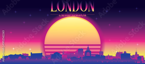 Purple generic retro futuristic synthwave panoramic poster of the city skyline with misty background sunset buildings of LONDON, UNITED KINGDOM