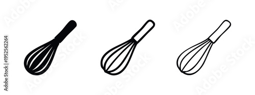 Whisk icon set. Kitchen utensil and baking tool vector illustration in solid, outlined, and line art styles.