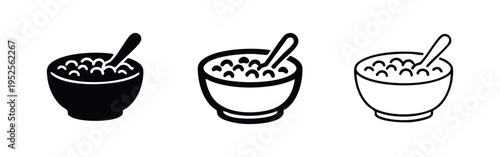 Cereal bowl icon set with spoon and rounded cereal pieces. Breakfast food vector illustration in solid, outlined, and line art styles.