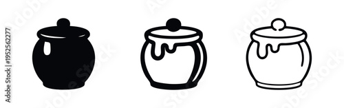 Honey pot icon set with dripping honey. Sweet honey jar vector illustration in solid, outlined, and line art styles.