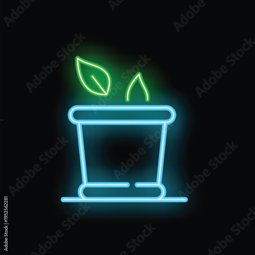Neon sign of a plant growing in a pot with leaves, glowing green and blue against a black background