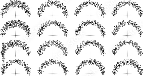 Set of black minimal hand-drawn decorative floral frames featuring blooming flowers, simple sketch style. Elegant forms vintage designs, including circular semi circular isolated vector illustarion 