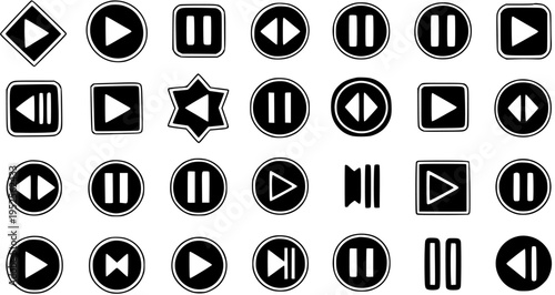 Black and White Play and Pause Icons, Vector Graphics for Media Player Interface and Controls