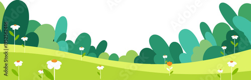 Vibrant Green Hills and Lush Bushes Vector Background with White Flowers, Ideal for Nature-Themed Banners, Websites, and Spring Marketing Designs