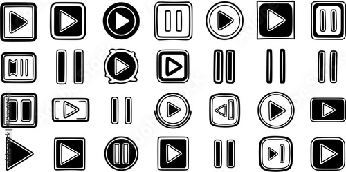 Black and White Line Art Icons for Play, Pause, Fast Forward, and Rewind Buttons for Media Players