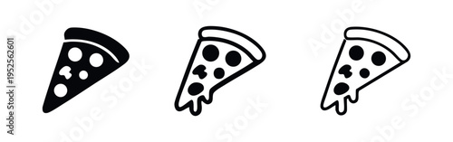 Pizza slice with melting cheese icon set, black vector symbols for fast food or takeaway on white background