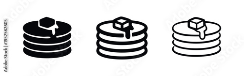 Pancakes with melting butter and syrup icon set, vector symbols for sweet breakfast or brunch on white background