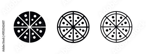 Round pizza divided into slices icon set, black vector symbols with toppings for menu design or food concepts