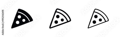 Pizza Slice Icon Set. Vector illustration of delicious fast food in solid, bold outline, and thin line styles.