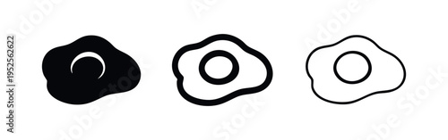 Fried Egg Icon Set. Vector illustration of breakfast food in solid, bold outline, and thin line styles.