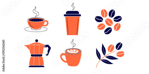 A collection of stylized coffee icons featuring cups, a moka pot, beans, and a small plant sprig