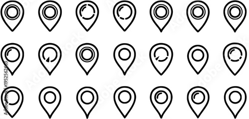 Location  Navigation Map Pin Icon Set. Minimalist Black and White Outline Pointers for GPS, Travel, Business, and Technology Applications.
