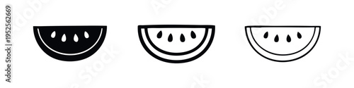 Watermelon Slice Icon Set. Vector illustration of fresh fruit in solid, bold outline, and thin line styles.