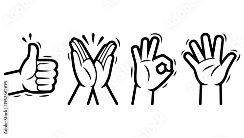 A collection of hand gestures thumbs up clapping ok sign and open palm